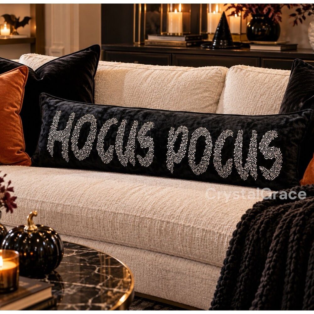 Hocus Pocus Velvet Lumbar Pillow 14x36 Black Rhinestone Halloween Magaschoni